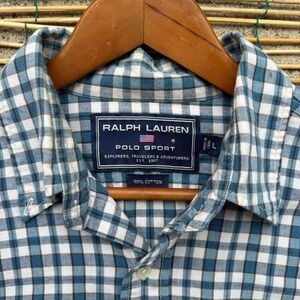 Ralph Lauren Polo Sport Blue Check Button‎ Down Shirt Size Large Short Sleeve